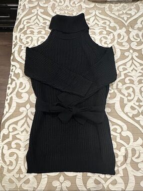 12th Tribe Black Long Sleeve Open-Shoulder Turtleneck Knit Dress